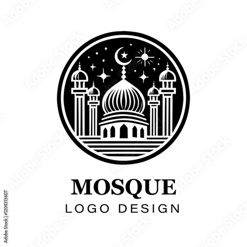  Black and white Islamic mosque logo design featuring crescent moon, stars, detailed vector artwork for branding, religious, and creative graphic projects.
 photo