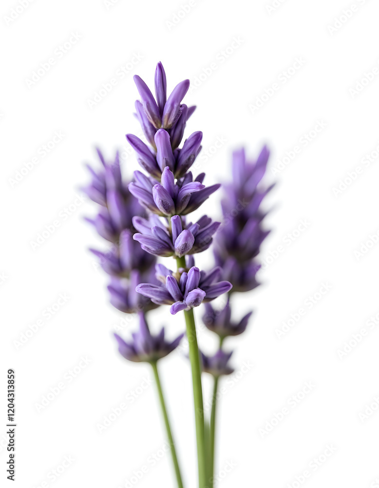 Obraz premium A cluster of lavender flowers with detailed purple petals, isolated white background.