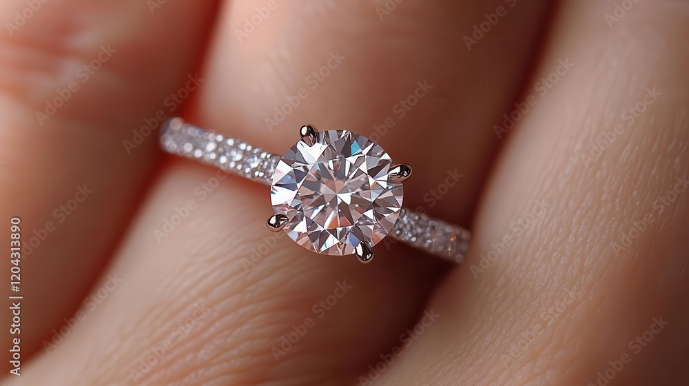 Diamond ring on hand, close-up of sparkling diamond, soft glow highlighting its brilliance Diamond ring on hand, close-up of sparkling diamond, soft glow highlighting its brilliance