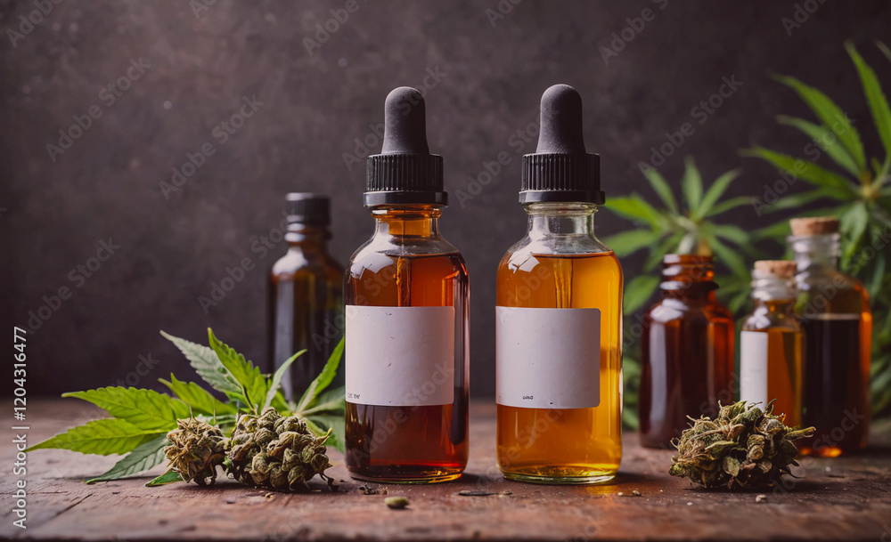 Two bottles of cannabis oil are on a table next to some leaves. The bottles are labeled with white writing Two bottles of cannabis oil are on a table next to some leaves. The bottles are labeled with white writing