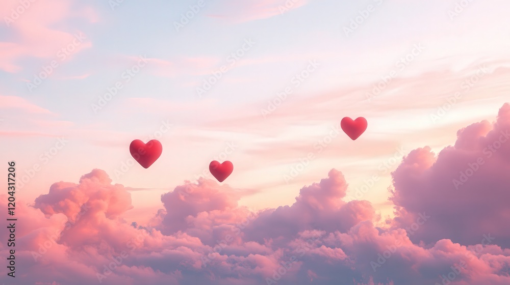 Obraz premium whimsical landscape with red hearts and ethereal clouds in pink hues