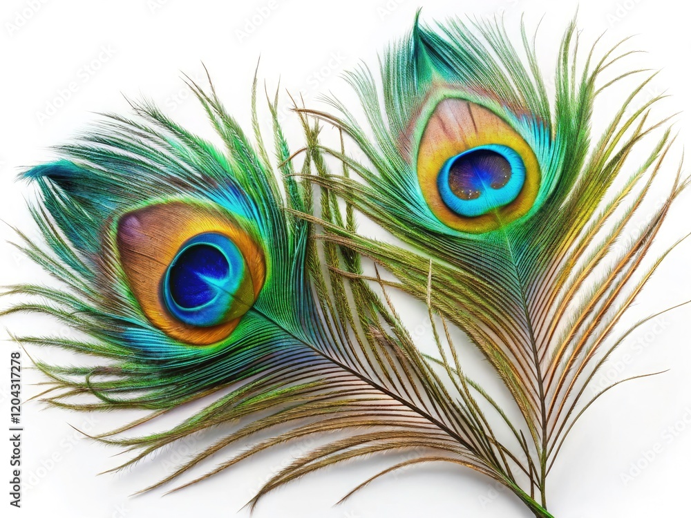 Fototapeta premium Beautiful, colorful peacock feathers isolated against a white background; a nature photography masterpiece.