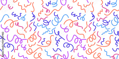 Playful and vibrant line doodle seamless pattern with a creative minimalist design. Ideal for children's themes or trendy designs featuring basic shapes, resembling cheerful party confetti 