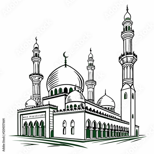 Elegant Mosque Line Art – Islamic Architecture with Crescent and Minarets