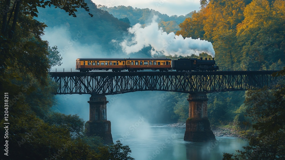 Fototapeta premium Steam train crossing valley bridge at dawn