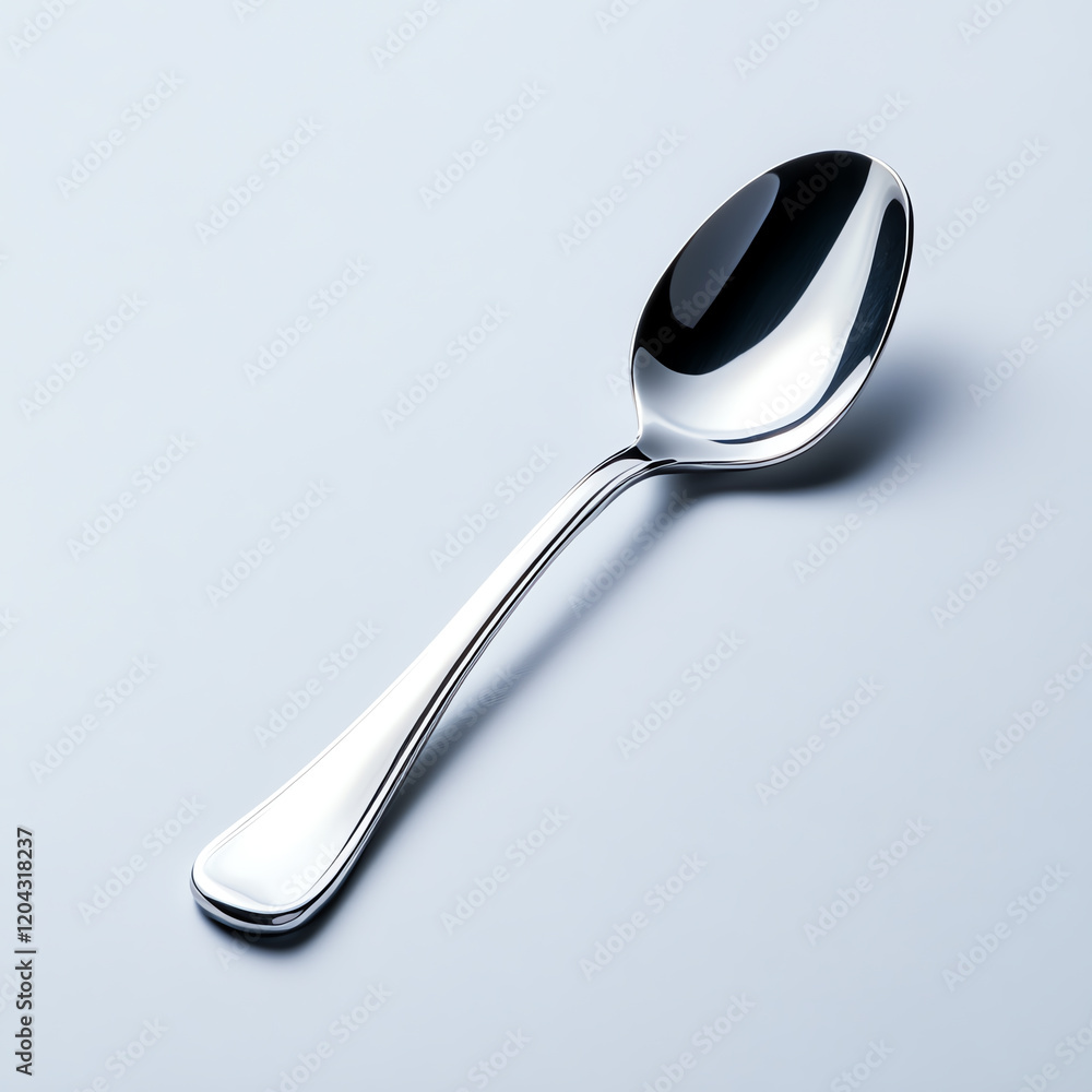 A shiny stainless steel spoon placed against a minimalist background, perfect for culinary and dining-related themes. A shiny stainless steel spoon placed against a minimalist background, perfect for culinary and dining-related themes.
