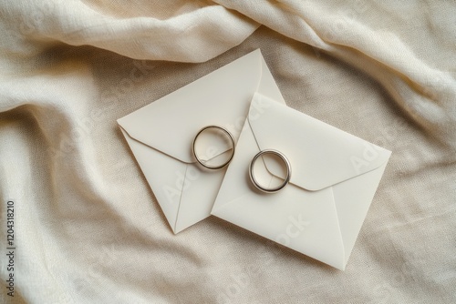 Elegant Wedding Envelopes with Invitation Card and Rings on Soft Beige Fabric - Flat Lay Display photo