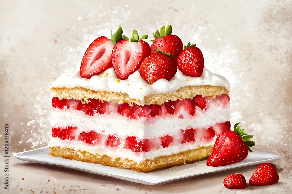 Juicy Strawberry Layered Cake with Whipped Cream, Digital Painting Juicy Strawberry Layered Cake with Whipped Cream, Digital Painting