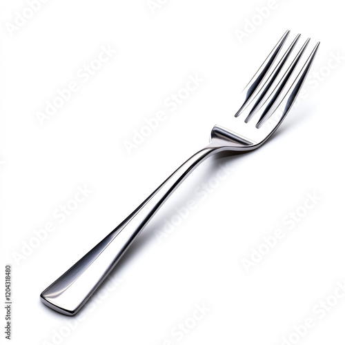 A sleek, stainless steel fork rests elegantly on a white background, symbolizing fine dining and culinary preparation. photo