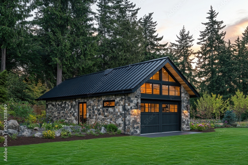 A contemporary stone garage beautifully situated amid towering trees, illuminated by the warm glow of sunset, highlighting its remarkable architecture and intricate landscaping details A contemporary stone garage beautifully situated amid towering trees, illuminated by the warm glow of sunset, highlighting its remarkable architecture and intricate landscaping details