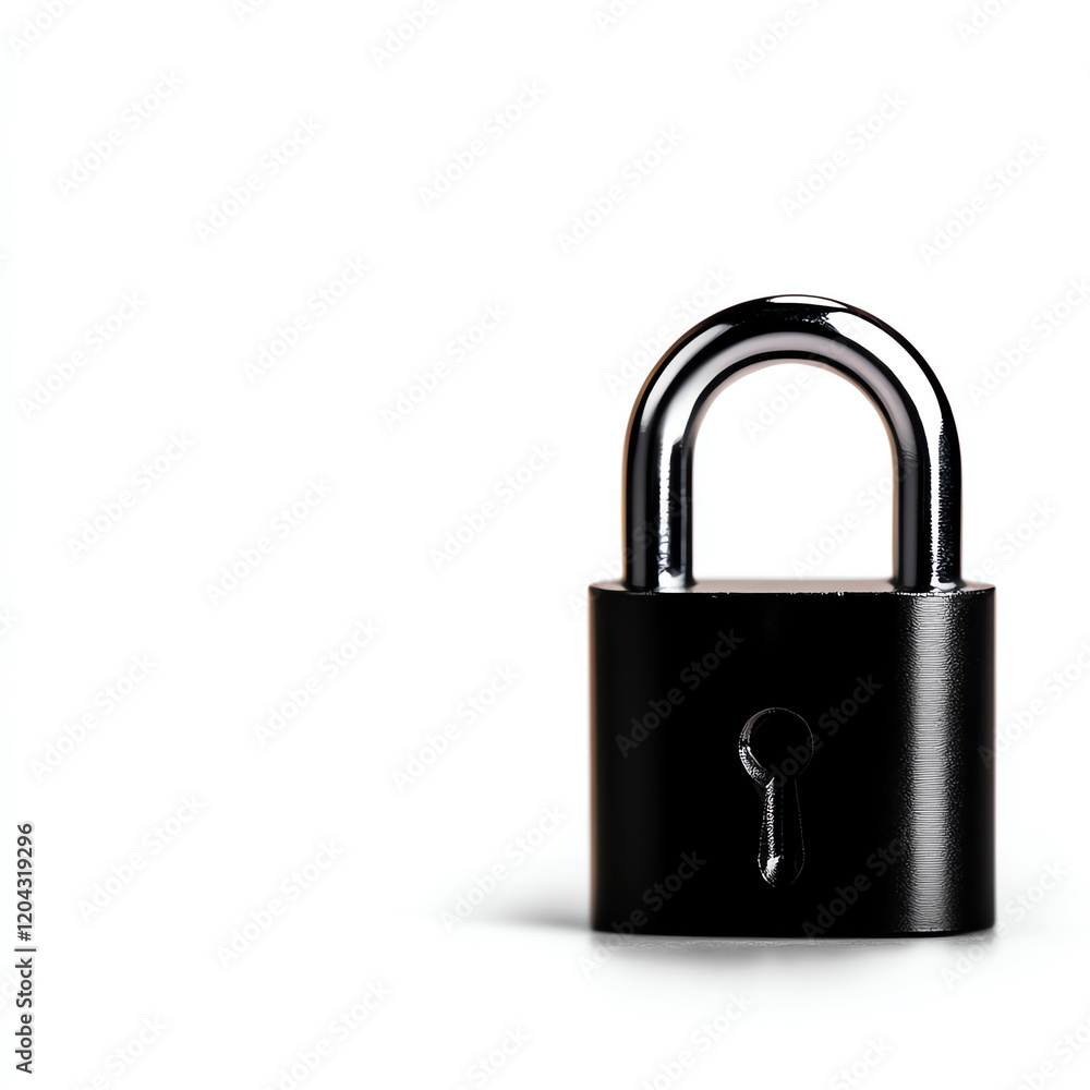 A sleek black padlock on a white background, symbolizing security, protection, and confidentiality in various contexts. A sleek black padlock on a white background, symbolizing security, protection, and confidentiality in various contexts.