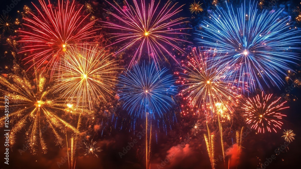 Fototapeta premium Fourth of July fireworks, close-up of vibrant fireworks lighting up the night sky