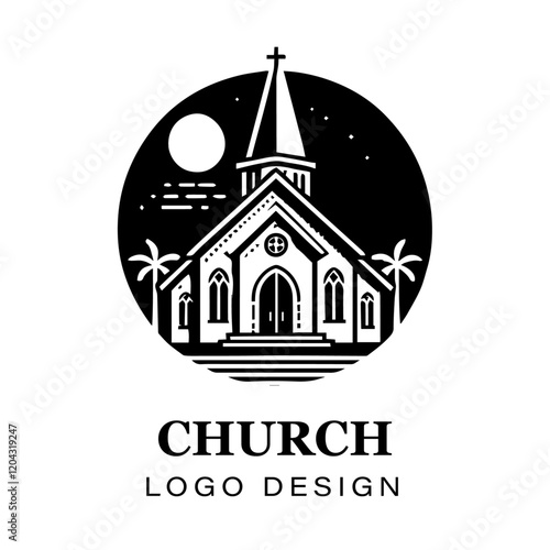 Black and white gothic church logo design featuring cross, detailed vector artwork for branding, religious organizations, architecture, and graphic art projects.
