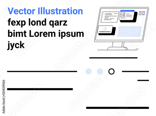 Computer screen with UI elements, Lorem Ipsum text, mockup design features. Ideal for web design, UIUX, mockups, digital display, tech presentations, software demos, online platforms. Landing page
