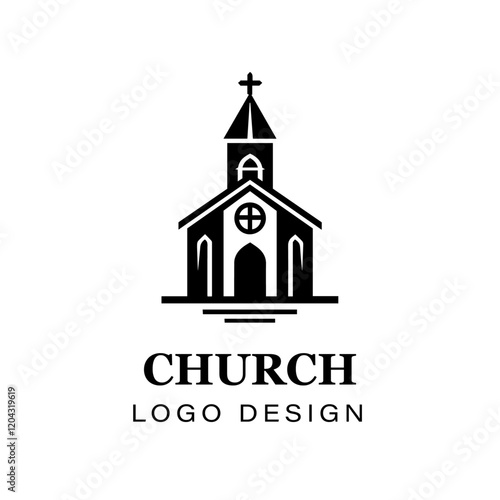 Black and white gothic church logo design featuring cross, detailed vector artwork for branding, religious organizations, architecture, and graphic art projects.
