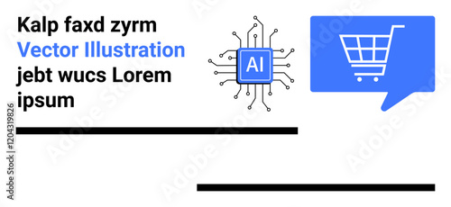 AI chip connecting to a network, blue speech bubble with a shopping cart, black textual content on the left. Ideal for tech, ecommerce, artificial intelligence, online shopping, digital marketing