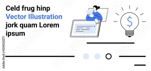 Person holding a tablet, large lightbulb with dollar sign, abstract lines and dots, text elements. Ideal for business solutions, brainstorming, finance, creativity, digital media, tech tutorials