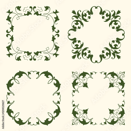 A set of vintage retro delicate botanical leafy blank frame design elements. 