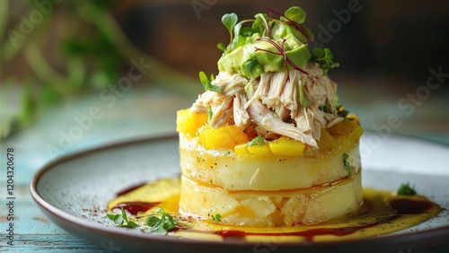 Causa Rellena with Avocado and Shredded Chicken photo