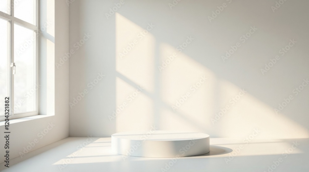 Minimalist White Room with Circular Display Platform and Sunlight Streaming Through Window Minimalist White Room with Circular Display Platform and Sunlight Streaming Through Window