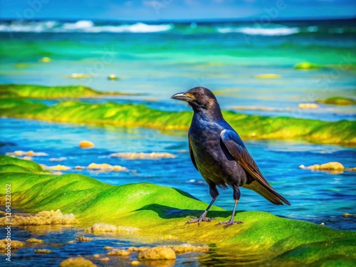 Coastal catastrophe:  Algae bloom paints the beach a sickly green, crows a grim testament. photo