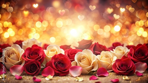 Vibrant red and pink rose petals layered at the bottom, blending into a soft glowing bokeh background in warm gold and creamy white, with space above for text. photo