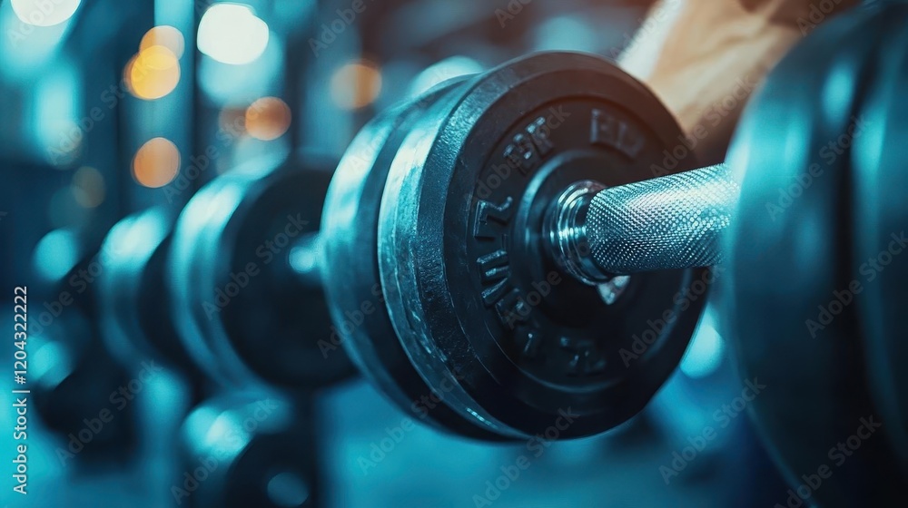 Gym workout session, close-up of weights being lifted, intense focus, modern gym equipment Gym workout session, close-up of weights being lifted, intense focus, modern gym equipment