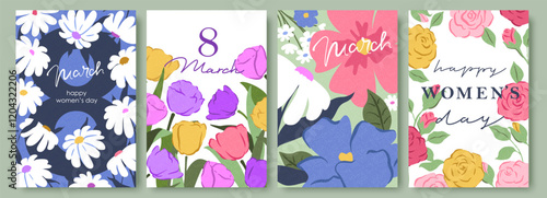 Spring flowers. 8 March, womens day, mother's day holiday cards set. Bright colorful botanical background, pattern. Roses, tulips, field flowers.