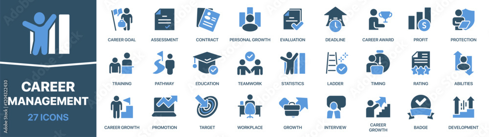 Career and management colored signed icon collection. Training, growth, contract, assessment, workplace icons. UI icon set. Colored icons pack. Vector illustration EPS10 Career and management colored signed icon collection. Training, growth, contract, assessment, workplace icons. UI icon set. Colored icons pack. Vector illustration EPS10