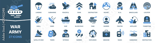 War and army colored signed icon collection. Military, tank, weapon, token, locator icons. UI icon set. Colored icons pack. Vector illustration EPS10