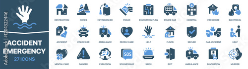 Accident and emergency colored signed icon collection. Help, danger, police, criminal, siren icons. UI icon set. Colored icons pack. Vector illustration EPS10