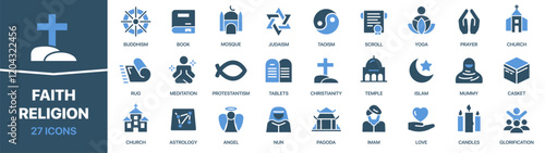 Faith and religion colored signed icon collection. Judaism, christianity, islam, taoism, church icons. UI icon set. Colored icons pack. Vector illustration EPS10