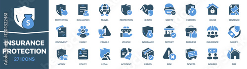 Insurance and protection colored signed icon collection. Safety, sentence, money, business, cargo icons. UI icon set. Colored icons pack. Vector illustration EPS10