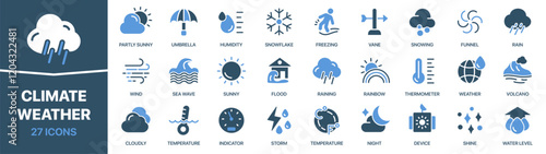 Climate and weather colored signed icon collection. Snow, rain, sunny, cloud, storm icons. UI icon set. Colored icons pack. Vector illustration EPS10