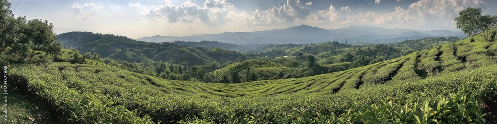 Fototapeta premium Lush Tea Plantation Landscape in the Highlands: Embracing Nature's Green Herbage and Indian Serenity