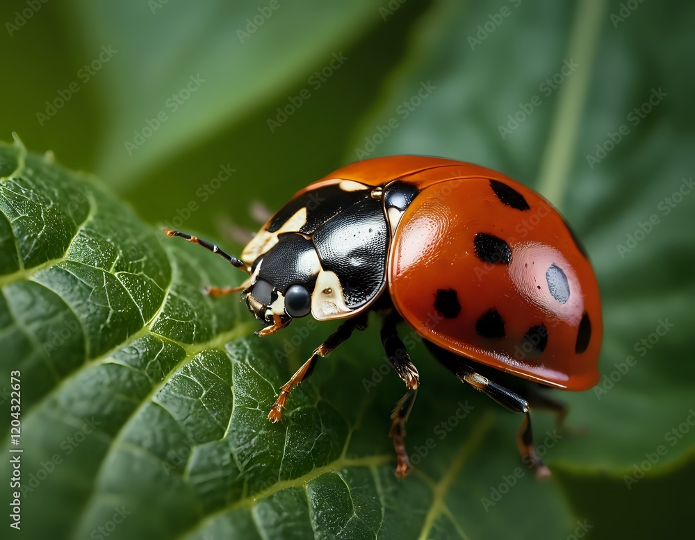 Fototapeta premium Ladybug on Green Leaf: A Close-Up Macro Photograph