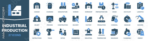 Industrial and production colored signed icon collection. Manufacture, factory, engineering, energy, logistics icons. UI icon set. Colored icons pack. Vector illustration