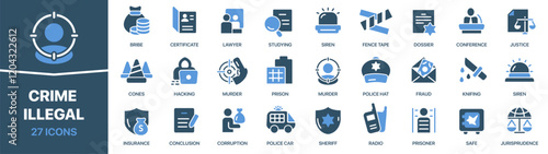 Crime and illegal colored signed icon collection. Police, bribe, murder, fraud, hacking icons. UI icon set. Colored icons pack. Vector illustration