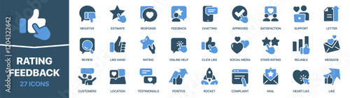 Feedback and rating colored signed icon collection. Support, estimate, customer, like, review icons. UI icon set. Colored icons pack. Vector illustration