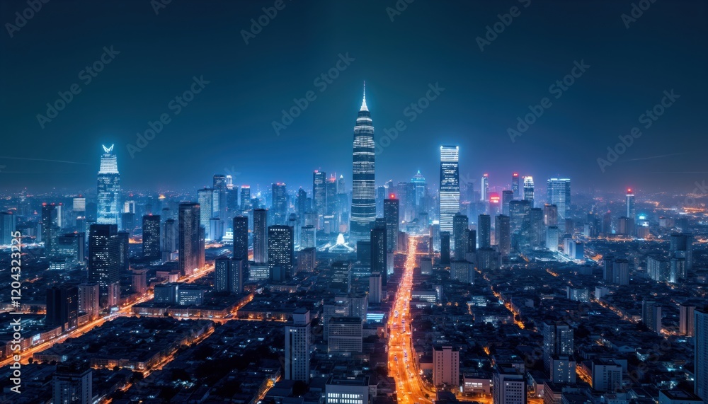 Fototapeta premium Panorama view of modern Asian city at night. High rise buildings glow with lights. Roads crisscross cityscape. Smart city tech, metaverse concepts implied. Urban development, futuristic design
