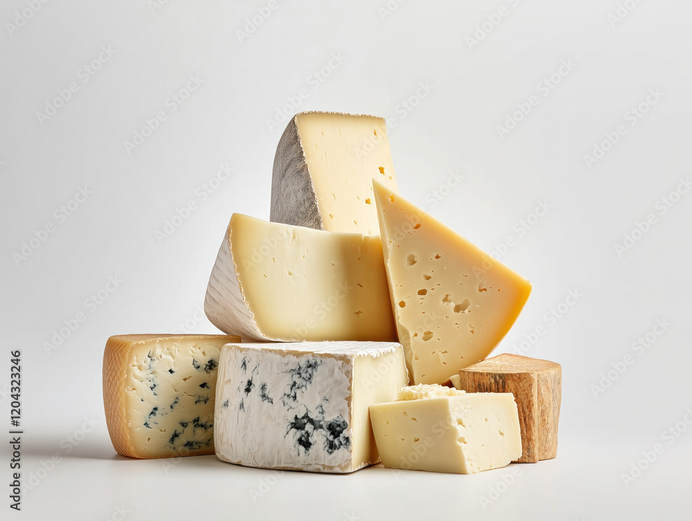 Fototapeta premium Selection of Gourmet Cheeses on White Background: A Culinary Display of Artisan Cheese Varieties