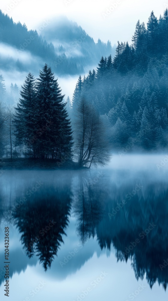 Fototapeta premium Serene landscape featuring pine trees reflected in a misty lake, with fog rolling through a tranquil forest