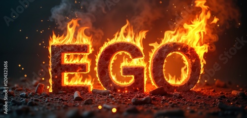 Fiery text showing word EGO on dark ground. Flames burn letters. Hot burning concept. Creative visual. Dark backdrop shows powerful message. Symbolic message of ego destruction. Powerful image photo