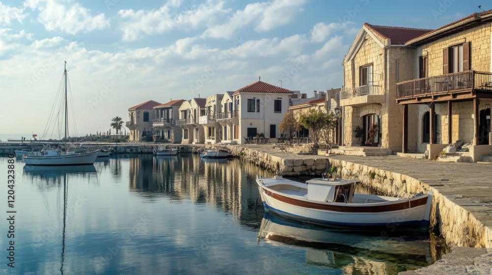 Fototapeta premium Serene Cyprus Coast: A Lazy Morning by the Harbor with Boats and Yachts Along the Promenade