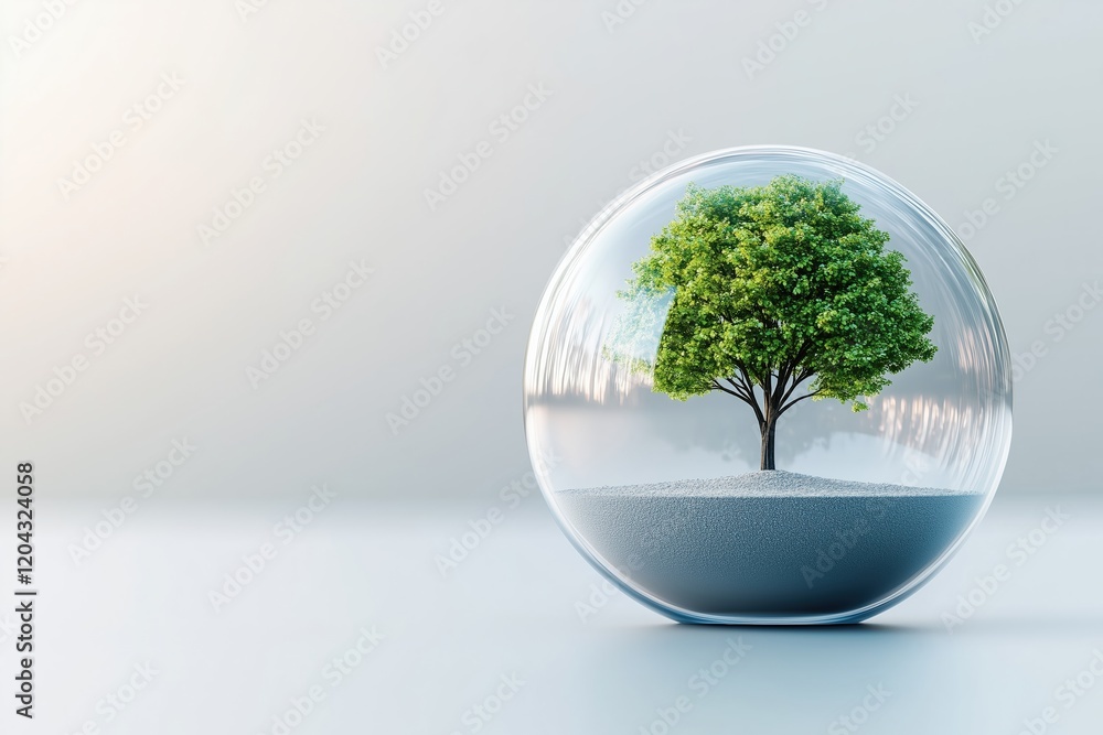 Green tree in a glass globe with a sandy base on a minimal gradient background. Environmental preservation and sustainable growth. Green tree in a glass globe with a sandy base on a minimal gradient background. Environmental preservation and sustainable growth.