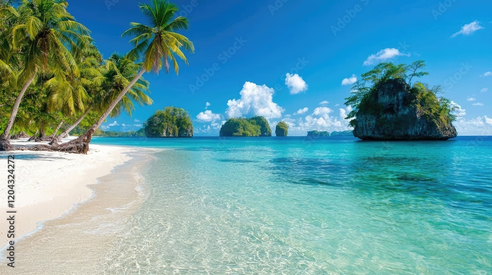 Fototapeta premium Tropical beach paradise, island view, azure water, palm trees, vacation getaway