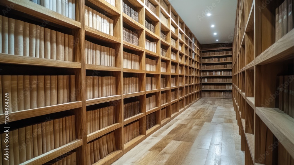 Fototapeta premium Grandiose Wooden Library Hallway with Rows of Antique Books