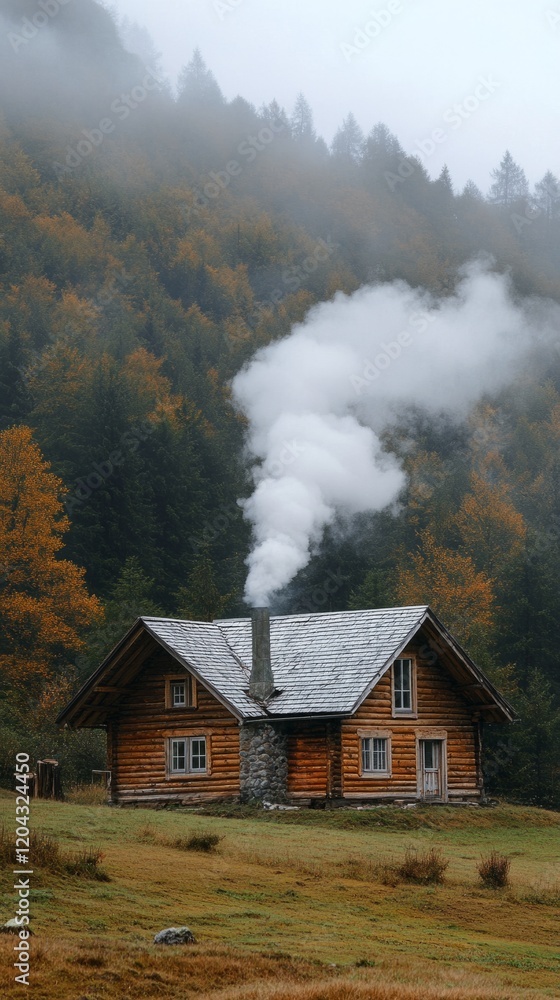 Fototapeta premium Smoke rising from chimney of cozy wooden cabin in beautiful misty autumn mountain landscape