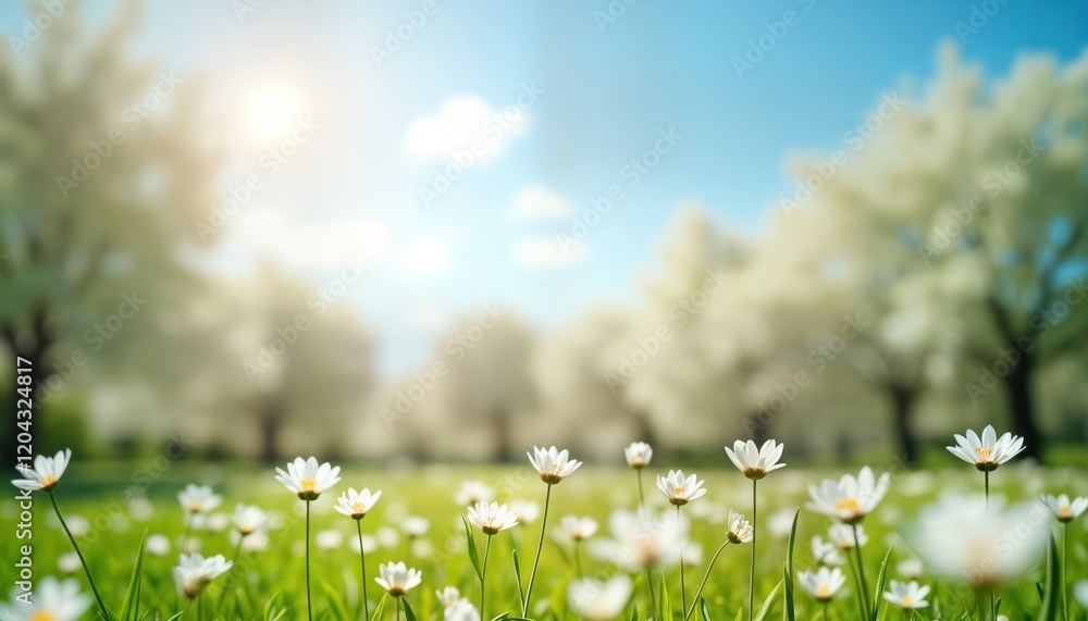 Fototapeta premium Springtime scene in park with blooming flowers. Sunny day with white flowers, trees. Fresh green grass. Beautiful landscape background. Perfect for relaxation. Ideal for nature lovers. Picturesque