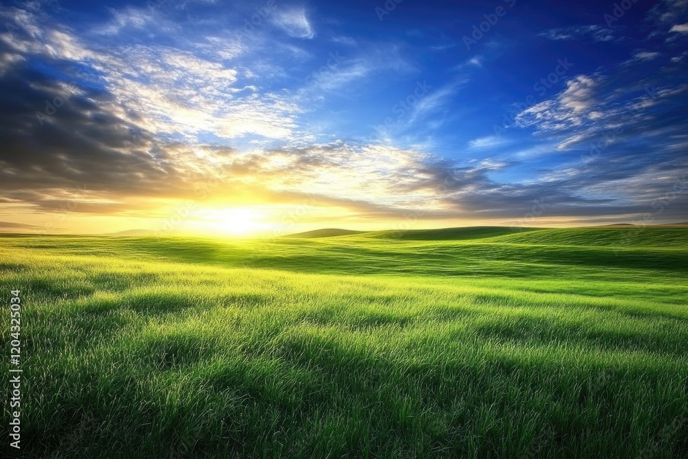 Sunset Over Kansas Prairie: A Serene Road Cutting Through a Lush Grassy Field Sunset Over Kansas Prairie: A Serene Road Cutting Through a Lush Grassy Field